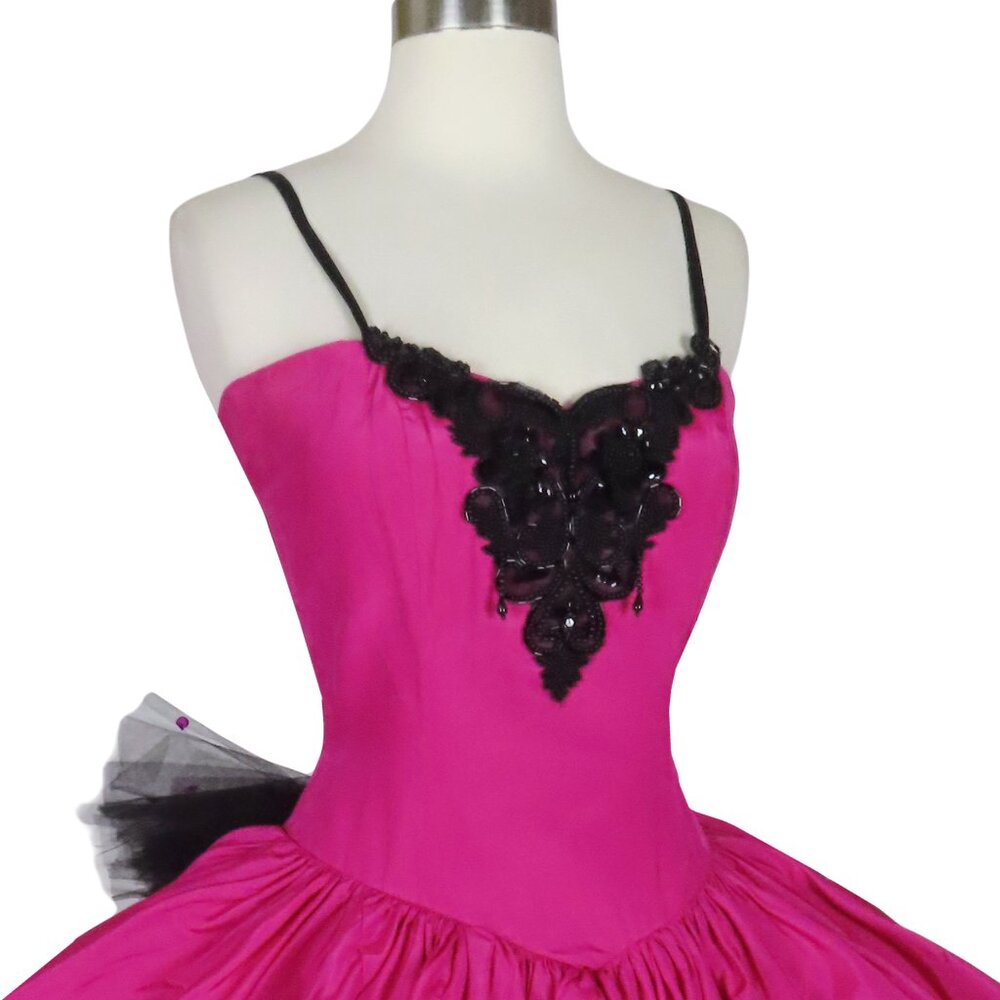 Vintage 80s Pink Black Beaded Tiered Full Skirt Prom Cocktail Party Dress S M - Picture 9 of 14